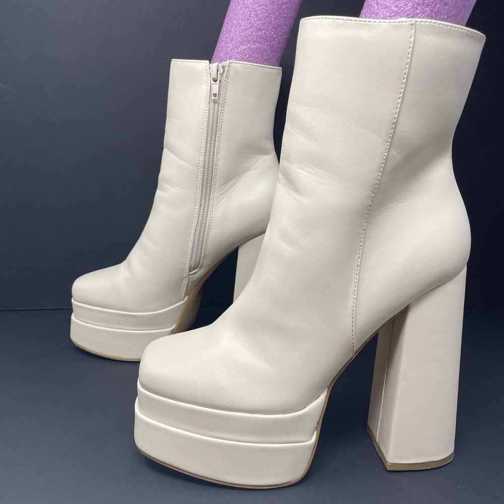 Womens Boots Double Stacked Platform Chunky Ecru Drag Cosplay Hippie Go Go Sz 7‎